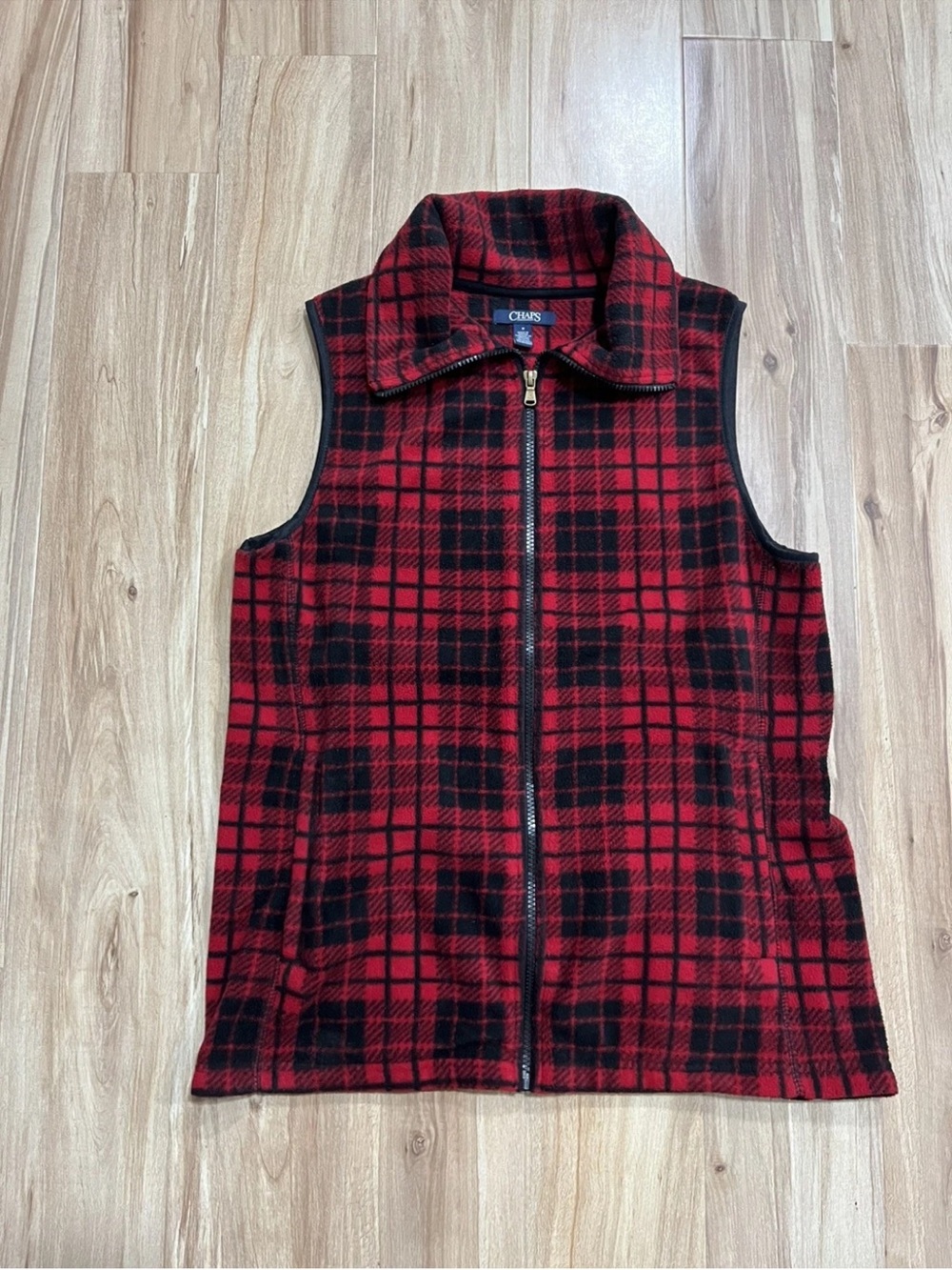 Chaps Red and Black Plaid Zip-Up Fleece Vest